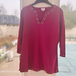 Jaclyn Smith Women's L  Raspberry Red Sequin Beaded V-Neck 3/4 Sleeve Tunic Top